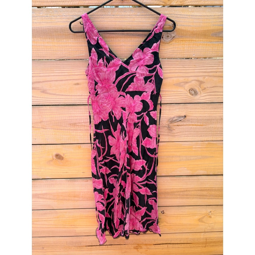Betsey Johnson New York Pink Floral Hibiscus Black Midi Dress V-Neck Lace Trim S - Picture 7 of 8